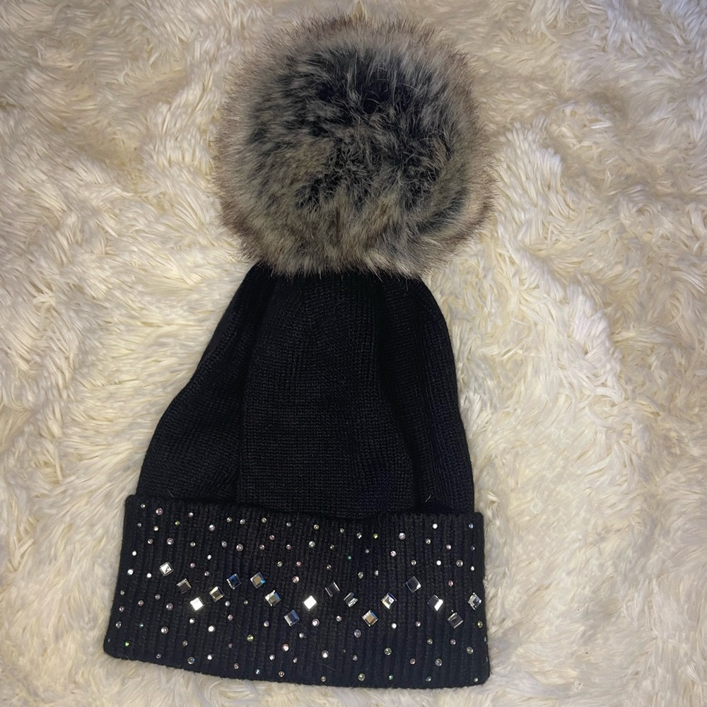 Black bedazzled beanie with fur puffball
